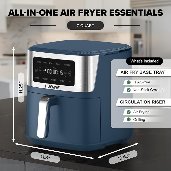 Nuwave Brio Plus 6-in-1 Air Fryer, 7-Qt Large Capacity, 50°F–400°F Precise Temp Control, Non-Toxic PFAS-Free Nonstick, Air Fry, Bake, Roast, Toast, Dehydrate, Reheat, 100 Presets, Dishwasher Safe