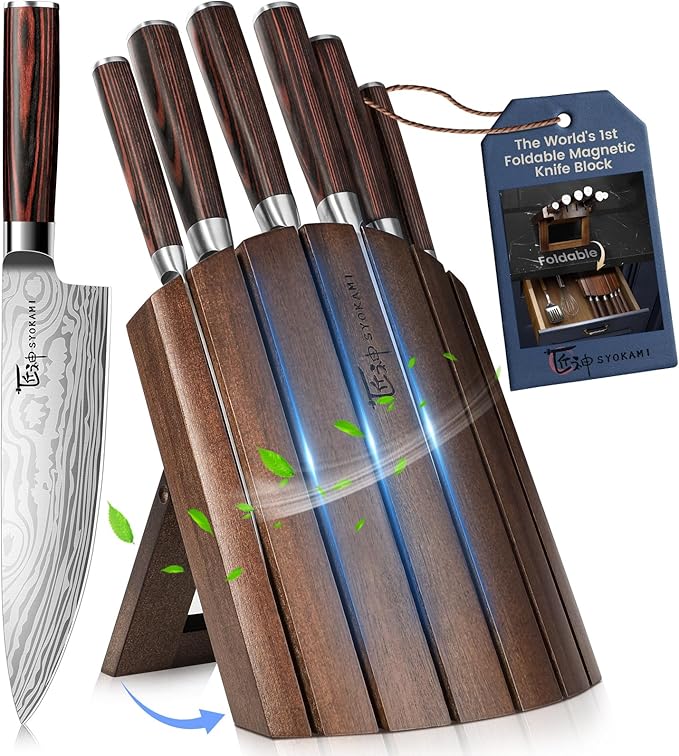 SYOKAMI 2026 Upgrade Knife Set 7 Piece Japanese Style Kitchen Knife Set With Foldable Magnetic Acacia Wood Block Sharp High Carbon Stainless Steel Chef Knives Set with Anti-slip Handle, Ideal for Gift