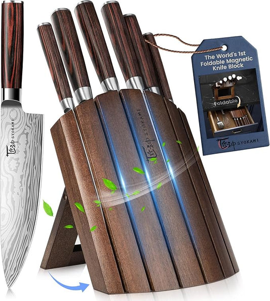 SYOKAMI 2026 Upgrade Knife Set 7 Piece Japanese Style Kitchen Knife Set With Foldable Magnetic Acacia Wood Block Sharp High Carbon Stainless Steel Chef Knives Set with Anti-slip Handle, Ideal for Gift