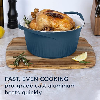 CorningWare QuickHeat 5.5-QT Cast Aluminum Dutch Oven With Lid & Non-Stick Ceramic Interior, Lightweight and Fast Even Heat Baking & Cooking, For Meats, Soup, Browning, Searing, French Navy