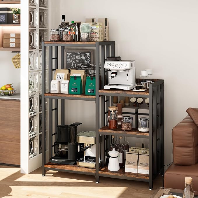 METYERRY 6-Tier Adjustable Mini Fridge Cabinet with Power Outlet,Kitchen Bakers Rack with Storage,Mini Fridge and Microwave Stand,Coffee Bar, Free Standing Shelf for Kitchen, Home Office,Rustic Brown