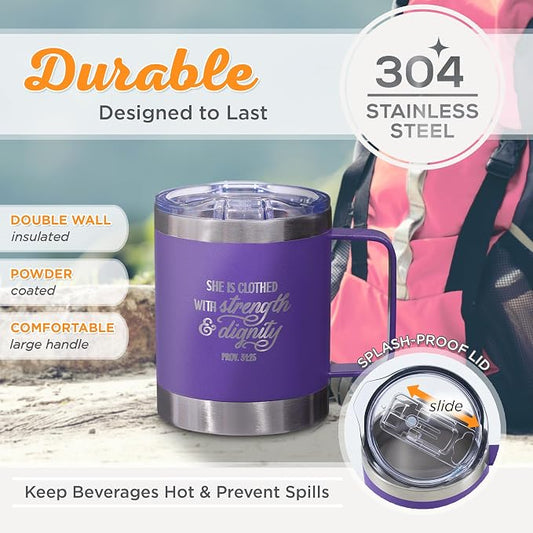 Christian Art Gifts Stainless Steel Double Wall Vacuum Insulated Camp Style Travel Mug 11 oz Purple Coffee Mug with Lid for Women - She is Clothed with Strength & Dignity -Proverbs 31:25