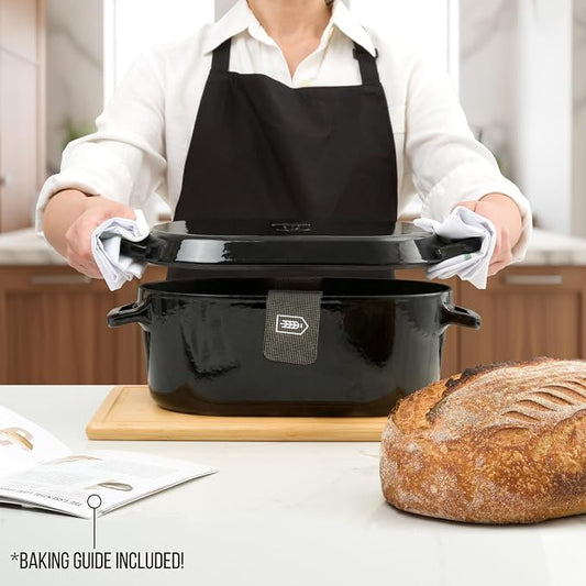 Kook Dutch Oven, For Sourdough Baking, Dual Handles, Enameled Cast Iron, includes Silicone Mat and Sourdough Guide, Dishwasher Safe, Oven safe 500F, 5 Qt, (Black)