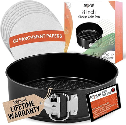 RFAQK 8 Inch Springform Pan Nonstick Leakproof - Spring Form Pan for Cheesecake with Removable Bottom, Include 50pcs Parchment Paper, Recipe E-Book - Perfect for Baking Cheese Cakes, Pizzas, & More!