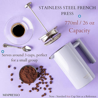 Mixpresso Light Blue Stainless Steel French Press Coffee Maker 26 Oz 770 ml, Double Wall Insulated French Press Stainless Steel, Easy Clean Tea Brewer, Easy Press Durable Metal Coffee Press