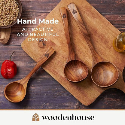 Wooden Ladle for Soup, 3 Size Teak Wood Ladle Spoon with Back Hooks for Pot & Bowl, Non-Stick Wooden Spoon Set for Cooking, Serving and Stirring