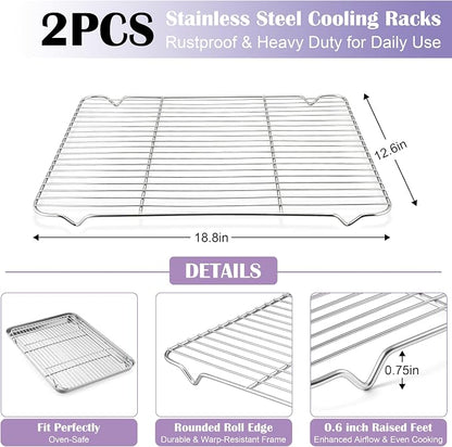 E-far Large Baking Sheet with Wire Rack (2 Pans + 2 Racks), 20 x 14 Inch Stainless Steel Cookie Pans Tray & Cooling Rack for Baking, Non Toxic & Heavy Duty & Rust Free, Oven & Dishwasher Safe