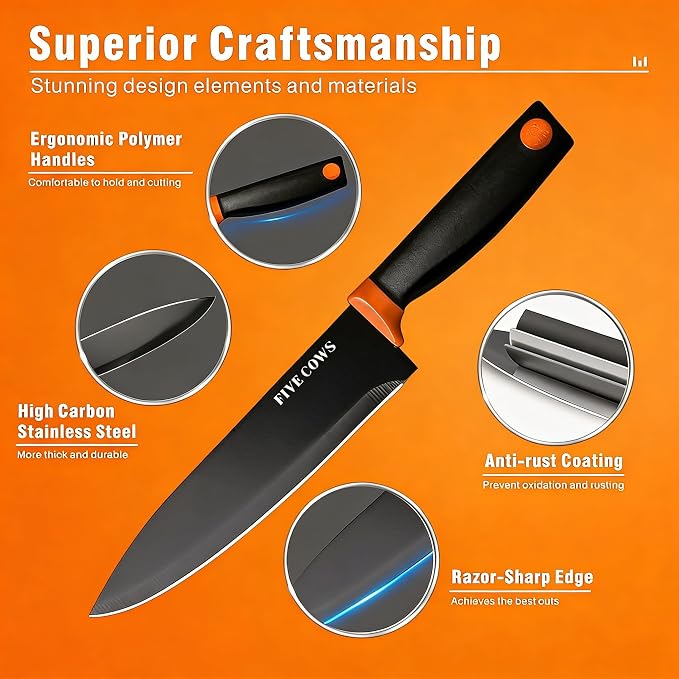 14 Pcs Kitchen Knife Block Set with Sharpener German High Carbon Stainless Steel Chef Knives, Razor-Sharp & Durable, Lightweight Anti-Slip Handle, Professional Set for Home & Kitchen (Orange)