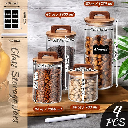 Layhit 4 Pcs Glass Food Storage Jars with Airtight Wood Lid Storage Jars Containers with Stickers Marker for Candy, Cookie, Rice, Sugar, Flour, Pasta, Nuts, 4 Size(Cylindrical)