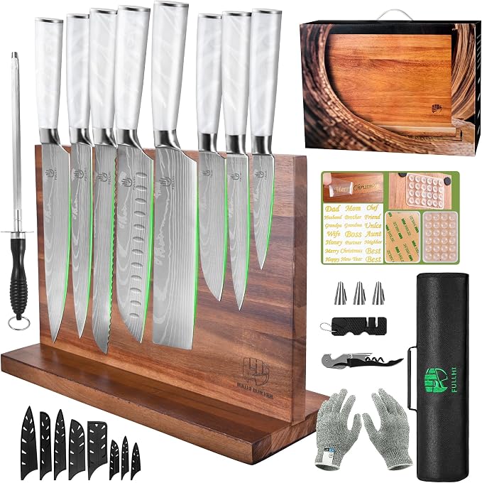 FULLHI 15pcs Japanese Knife Set with Magnetic Knife Block Holder, Stainless Steel Blades, White Resin Ergonomic Handles for Professional and Home Cooking