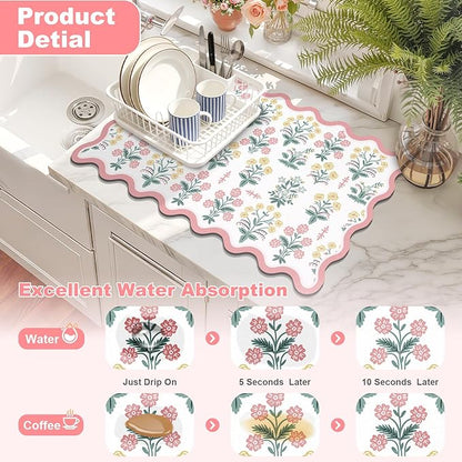 LOKHOM Scalloped Floral Dish Drying Mat, 12"x20" Super Absorbent Coffee Mat with Unique Pink Pastoral Floral, Cuttable Hide Stain Non-slip Drying Mat for Kitchen Counter Coffee Maker Espresso Machine