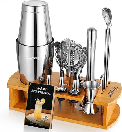 KITESSENSU Boston Shaker Set Bartender Kit with Stand | Bar Set Drink Mixer Set with All Essential Accessory Tools: Boston Shaker, Jigger, Strainer, Mixer Spoon, Muddler, Liquor Pourers |Silver