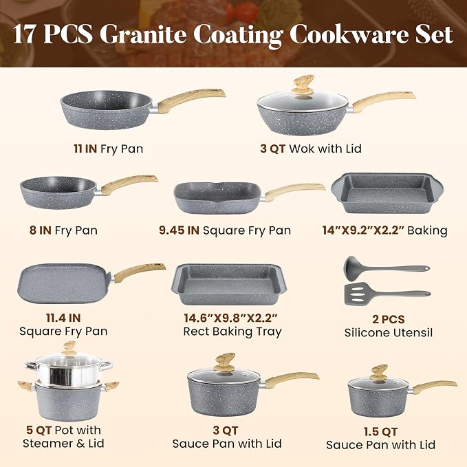 Kitchen Academy Granite Pots and Pans Set Non Stick - 17 Piece Nonstick Cookware Set, Induction Gray Cooking Pans Set, PFOA & PFOS Free.