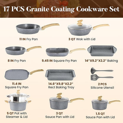 Kitchen Academy Granite Pots and Pans Set Non Stick - 17 Piece Nonstick Cookware Set, Induction Gray Cooking Pans Set, PFOA & PFOS Free.