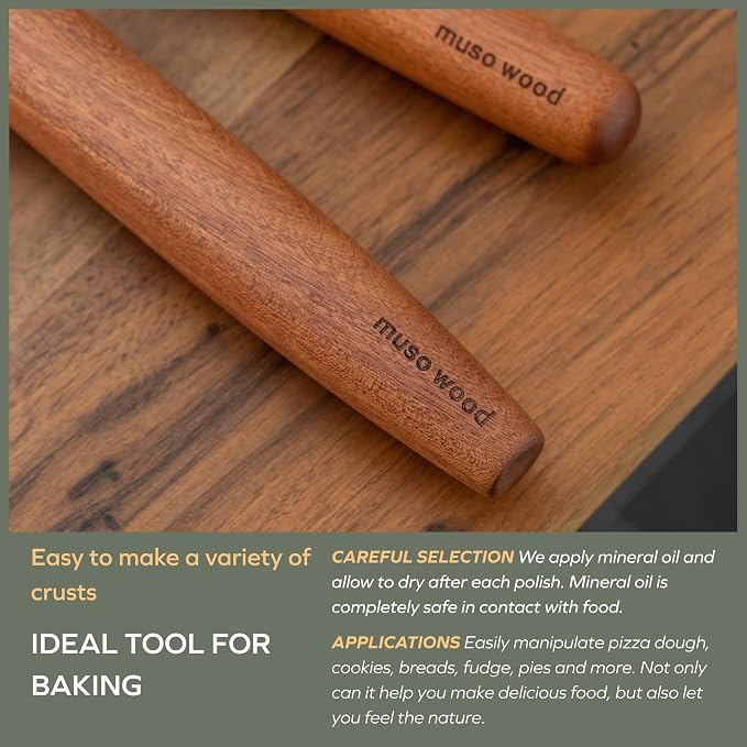 Muso Wood Sapele Wooden French Rolling Pin for Baking, Tapered Roller for Fondant, Pie Crust, Cookie, Pastry (French 17.5inch)