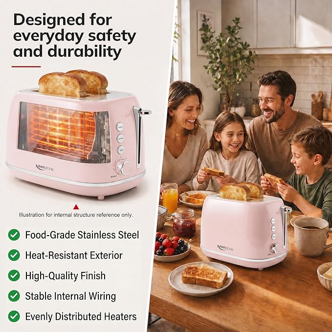 2 Slice Toaster Retro Stainless Steel with Bagel, Cancel, Defrost Function and 6 Bread Shade Settings Bread Toaster, Extra Wide Slot and Removable Crumb Tray (Pink)