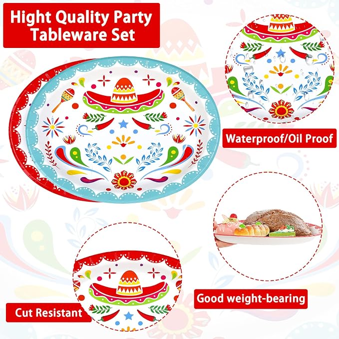 50Pcs Mexican Fiesta Oval Paper Plates 10" x 12" Large Disposable Heavy Duty Colorful Mandala Floral Plates Mexican Cinco De Mayo Dessert Platters for Taco Tuesday Birthday Festive Party Supplies