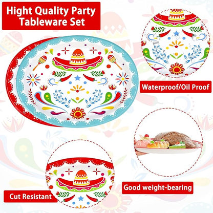 50Pcs Mexican Fiesta Oval Paper Plates 10" x 12" Large Disposable Heavy Duty Colorful Mandala Floral Plates Mexican Cinco De Mayo Dessert Platters for Taco Tuesday Birthday Festive Party Supplies