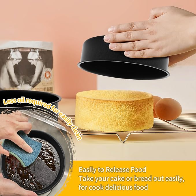 P&P CHEF Cake Pan Set of 3, Non-Stick Round Baking Cake Pans Tins for Tier Smash Cakes, Non-Toxic & Solid, Stainless Steel Core & Leak-Proof, 6 Inch