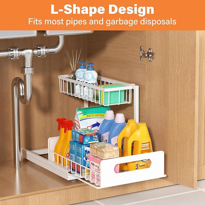 Under Sink Organizer 2 Tier, Pull Out Drawer Slides Under Sink Storage for Bathroom Kitchen,Multi-Purpose Drawer Under Cabinet Organizer for Cleaning Supplies (White, 1 Pack)