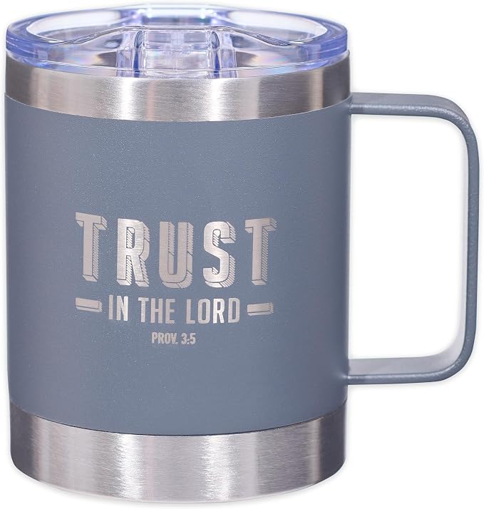 Christian Art Gifts Stainless Steel Double Wall Vacuum Insulated Camp Style Travel Mug 11 oz Gray Coffee Mug with Retractable Lid for Men/Women with Bible Verse- Trust In The Lord-Proverbs 3:5