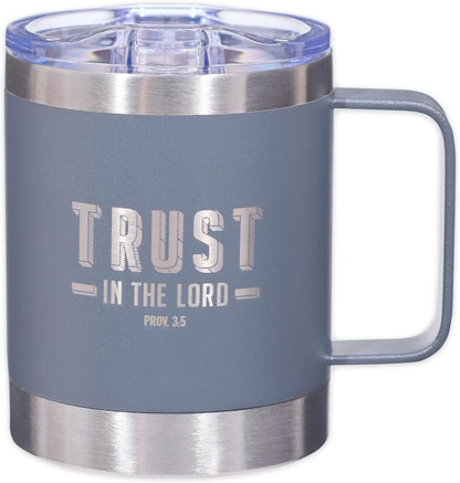 Christian Art Gifts Stainless Steel Double Wall Vacuum Insulated Camp Style Travel Mug 11 oz Gray Coffee Mug with Retractable Lid for Men/Women with Bible Verse- Trust In The Lord-Proverbs 3:5
