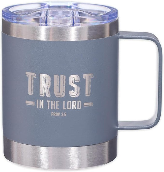 Christian Art Gifts Stainless Steel Double Wall Vacuum Insulated Camp Style Travel Mug 11 oz Gray Coffee Mug with Retractable Lid for Men/Women with Bible Verse- Trust In The Lord-Proverbs 3:5