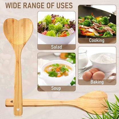 Heart Shaped Wooden Spoon 12 Inch Bamboo Kitchen Utensils Love Heart Spatula Kitchen Serving Spoons for Mixing Cooking Baking Stirring Hostess Gifts Mother's Day Wedding (8 Pcs)