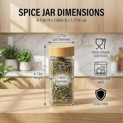 24-Pack Glass Spice Jars with Bamboo Lids, 4 Oz Clear Square Spice Containers with Airtight Seal, Spice Bottles Set with Labels, Shaker Lids and Funnel for Kitchen, Pantry Organization and Storage