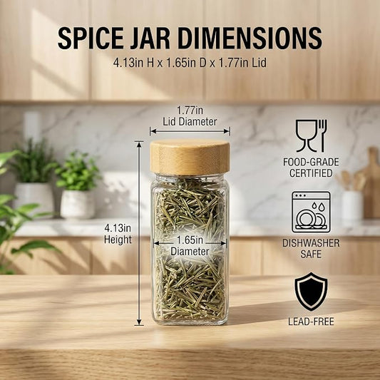 24-Pack Glass Spice Jars with Bamboo Lids, 4 Oz Clear Square Spice Containers with Airtight Seal, Spice Bottles Set with Labels, Shaker Lids and Funnel for Kitchen, Pantry Organization and Storage