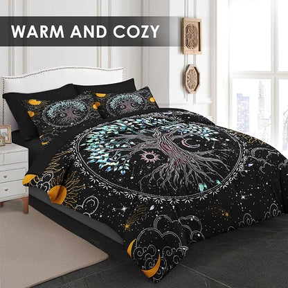 Pamnest Comforter Set Twin Size, Trippy Hippie Tree of Life 5 Pcs Bedding for Kids and Adults, Sun and Moon Bohemian Bed Sheet Sets with Fitted Sheet Pillowcase & Sham for Bedroom Bed Decor