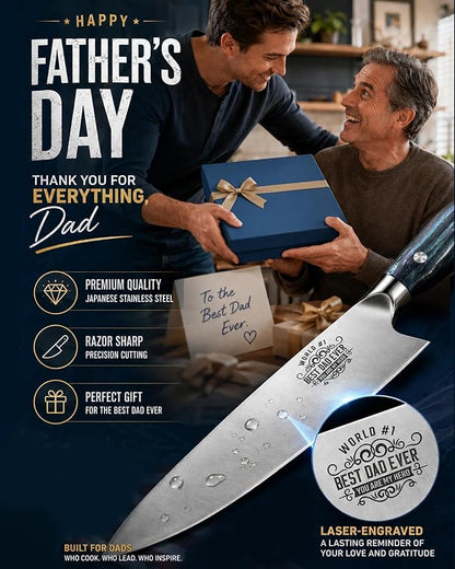 Huusk Fathers Day Gift Idea for Dad - 8" Chef Knife for Kitchen - Birthday Gift Idea for Dads - Best Dad Ever - Stainless Kitchen Knife with Resin Handle, Full Tang Cooking Knives