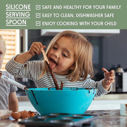 Patelai 2 Pcs Silicone Nonstick Cooking Spoon 12.4" Large Wooden Handle Mixing Spoon Heat Resistant Utensil Spoons for Kitchen Baking, Mixing, Serving and Stirring(Red, Gray)