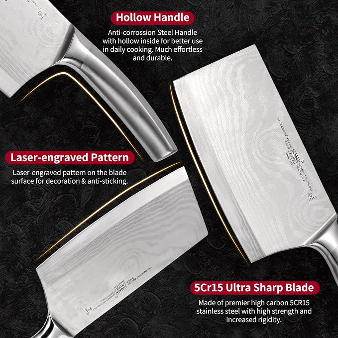 2 Pieces Knife Set Cleaver Knife and Paring knives,Stainless Steel Fruit Meat Knife with Damascus Pattern,Anti-Slip Hollow Handle