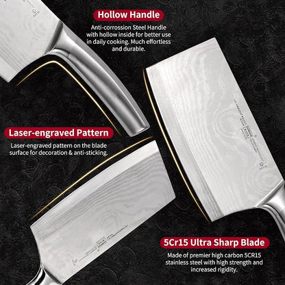 2 Pieces Knife Set Cleaver Knife and Paring knives,Stainless Steel Fruit Meat Knife with Damascus Pattern,Anti-Slip Hollow Handle