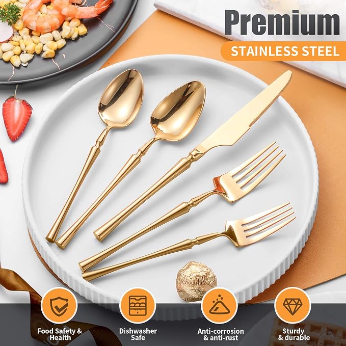 Lemeya 20 Piece Glossy Gold Silverware Set,18/10 Stainless Steel Flatware Set Service for 4,Unique Cutlery Set with Canton Tower Handle,Forks Spoons and Knives Set,Mirror Polished,Dishwasher Safe