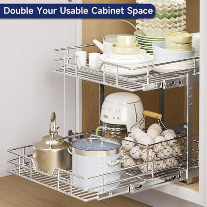2-Tier Pull Out Cabinet Organizer, 19.5" W x 21.5" D, Heavy Duty Dual Slide Out Shelves for Base Cabinets, Chrome Wire Basket Drawer for Pantry, Kitchen & Bathroom Storage