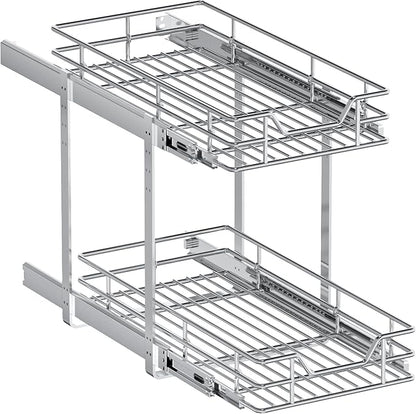 2-Tier Pull Out Cabinet Organizer, 10.5" W x 18" D, Heavy Duty Dual Slide Out Shelves for Narrow Base Cabinets, Chrome Wire Basket Drawer for Spices, Bottles & Snacks