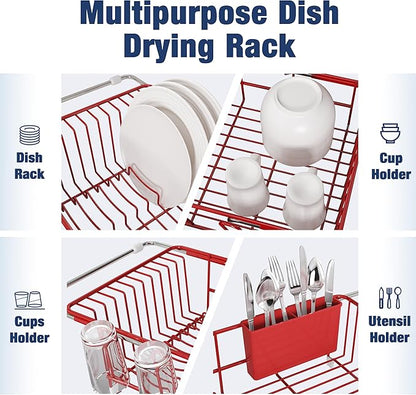 JASIWAY Red Dish Drying Rack in Sink, Expandable Stainless Steel Dish Drainers for Kitchen Counter, Dish Dryer Rack for Inside Sink, Over The Sink Dish Racks with Utensil Holder