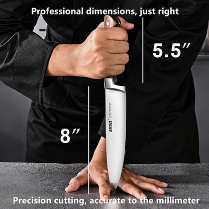 8 Inch Chef Knife, Ultra Sharp German Steel Full Tang | One knife for 90% of kitchen tasks: slice meat, dice vegetables, mince herbs, chop nuts. Replaces a drawer of mediocre blades