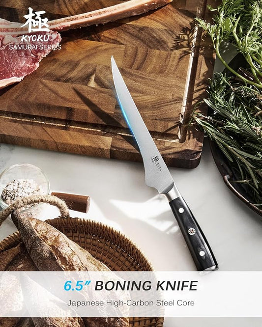 KYOKU 6.5" Boning Knife for Meat Cutting, Samurai Series Filet Knife with Pakkawood Handle, Japanese Style High Carbon Steel, Full Tang Kitchen Knife for Lamb Chop Pork Shoulder with Sheath and Case