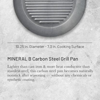 de Buyer MINERAL B Carbon Steel Grill Pan - 10.25” Diameter - Ideal for Grilling & Browning Meat - Naturally Non-Stick Finish - Made in France