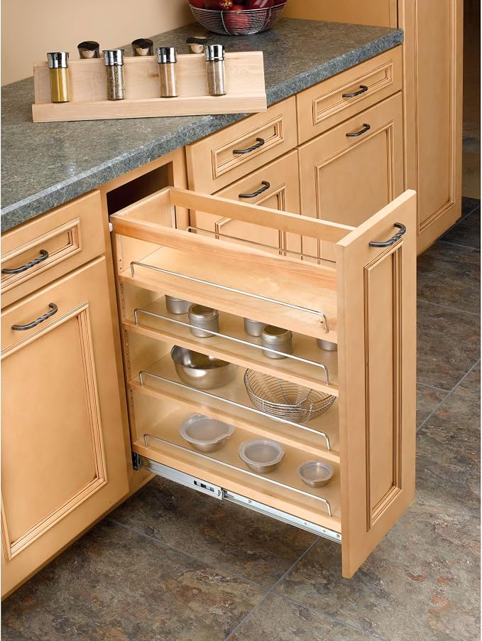 Rev-A-Shelf Maple Pullout Organizer for Full Height Base Cabinets, Full Extension Slides & Adjustable Shelves, Min Opening Width of 8.5", 448-BC-8C