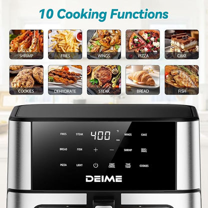 DEIME Air Fryer 10.2 QT, 1700W Large Capacity with 10 Preset, Visual Cooking Window, Non-Stick Basket, Recipe Included (Silver+TR)