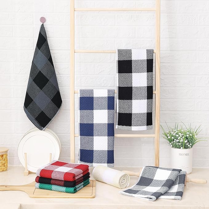 Homaxy 100% Cotton Waffle Weave Check Plaid Kitchen Towels, 13 x 28 Inches, Super Soft and Absorbent Dish Towels for Drying Dishes, 4-Pack, White & Black