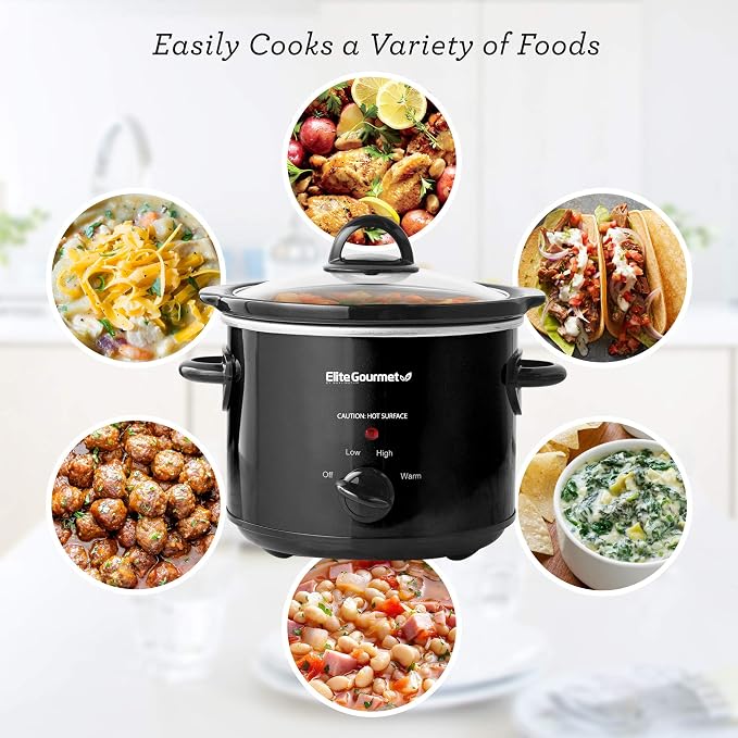 Elite Gourmet MST-350B# Electric Slow Cooker, Adjustable Temp, Entrees, Sauces, Stews & Dips, Dishwasher Safe Glass Lid & Crock (3 Quart, Black)