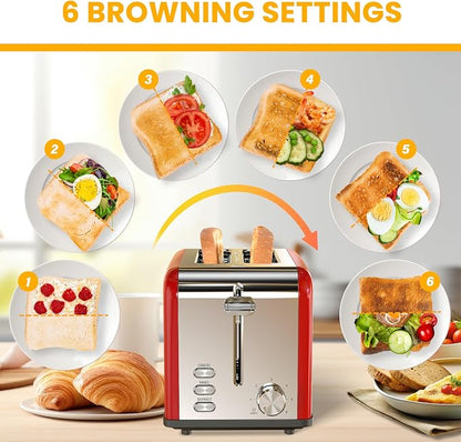 Simple Deluxe 2-Slice Toaster, 6 Browning Setting and 3 Function, Extra Wide Slot & Removable Crumb Tray, for Bread & Waffle, Red