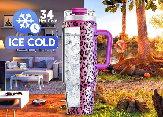 Meoky 40 oz Tumbler with Handle and Straw, Insulated Tumbler with Lid and Straw, Stainless Steel Travel Mug, Keeps Cold for 34 Hours, 100% Leak Proof, Fits in Car Cup Holder (Celebration)