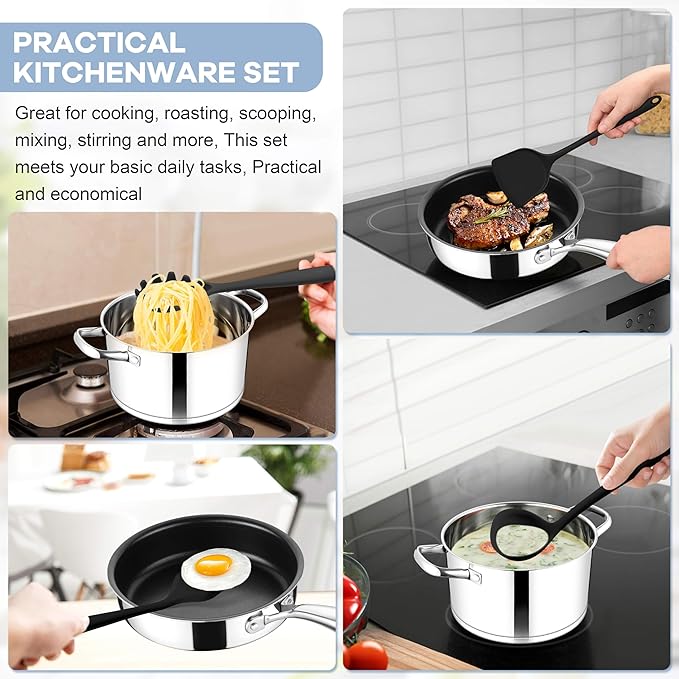 TeamFar Silicone Cooking Utensils Set, 8 PCS Kitchen Utensils Set, 446°F Heat Resistant, Turner, Spatula, Spoon, Whisk, Kitchen Cooking Gadgets Tools for Nonstick Cookware, Dishwasher Safe-Black