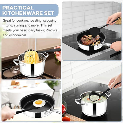 TeamFar Silicone Cooking Utensils Set, 8 PCS Kitchen Utensils Set, 446°F Heat Resistant, Turner, Spatula, Spoon, Whisk, Kitchen Cooking Gadgets Tools for Nonstick Cookware, Dishwasher Safe-Black